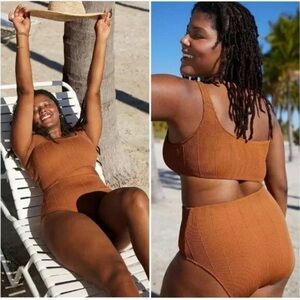 Women's Size L Aerie Rib Cut Out Asymmetrical Crinkle 1 Piece Bikini Swimsuit